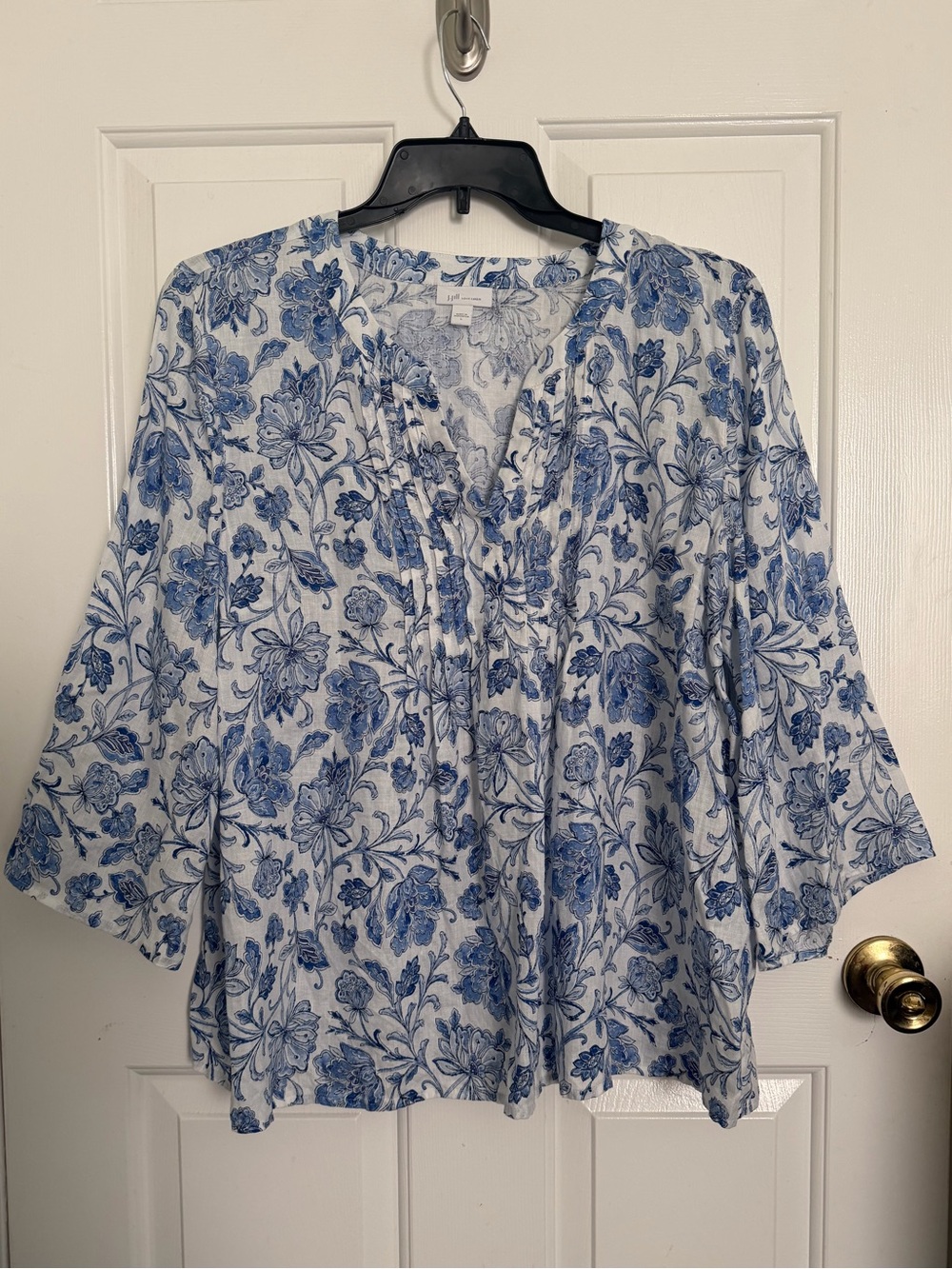 J. Jill Love Linen Blue Floral V-Neck Peasant Tunic Top Size Large